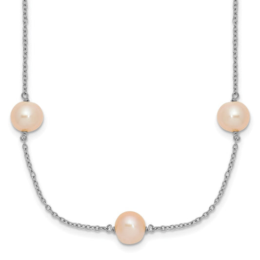 Sterling Silver Rhodium-plated 7-8mm Pink Semi-Round Freshwater Cultured Pearl 9-Station 18 inch Necklace 18 Inches