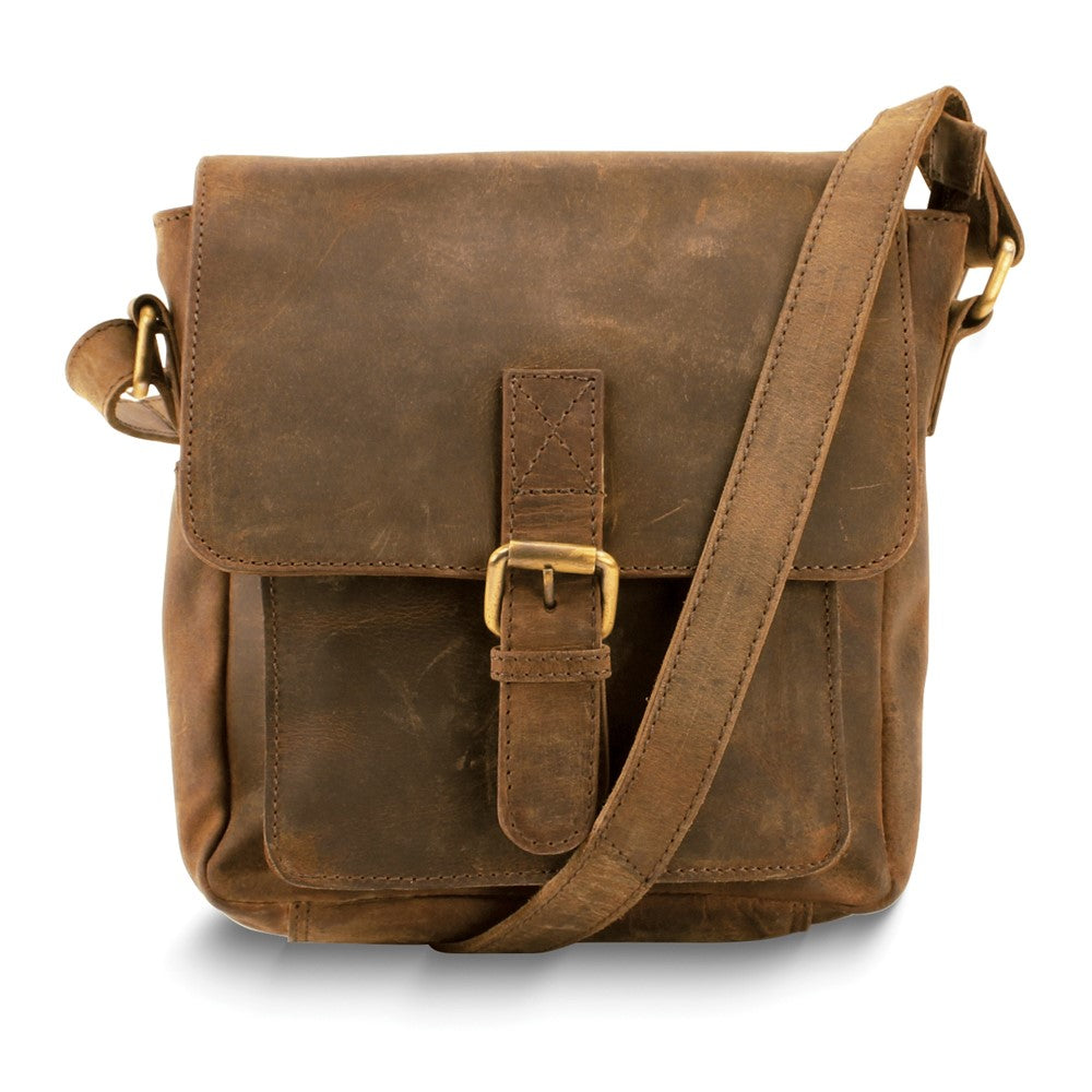 Distressed Brown Leather Magnetic Buckle Flap Over Zip-Top Crossbody Bag with Adjustable Strap