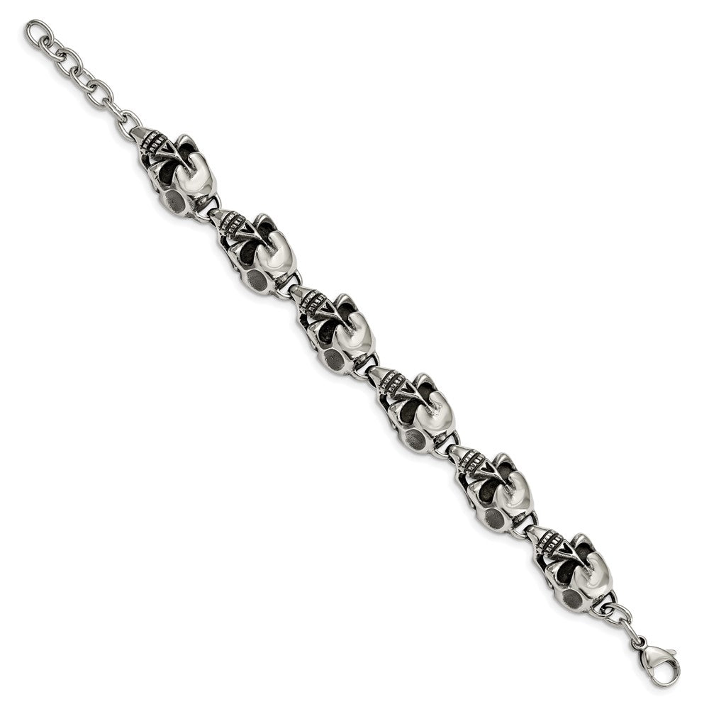 Stainless Steel Antiqued and Polished Skulls 8.5in Bracelet 8.5 inches
