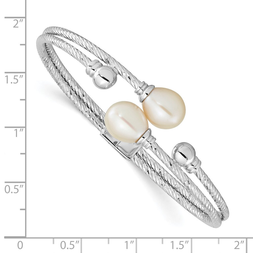 Sterling Silver Rhodium-plated White 8x10mm Teardrop Freshwater Cultured Pearl Hinged Bangle 6 inches