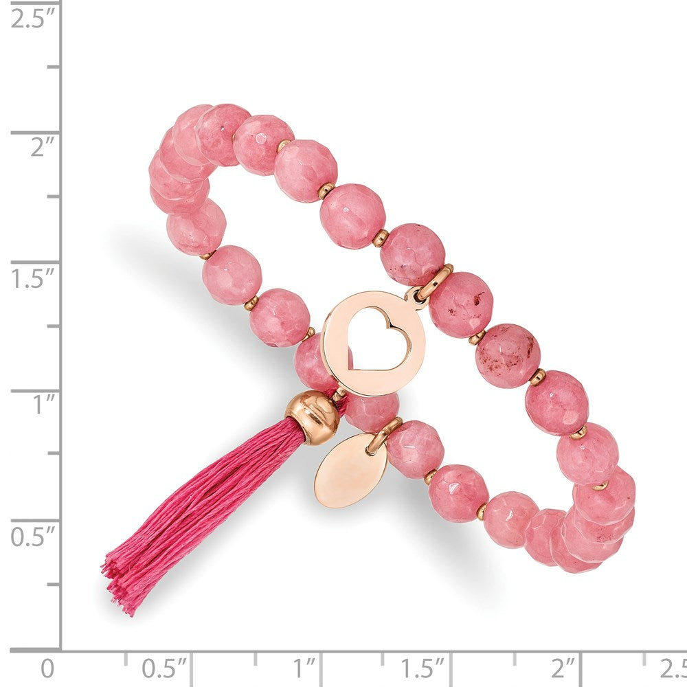 Stainless Steel Polished Rose IP Heart w/Tassel Pink Jade Beaded Bracelet 6.5 inches