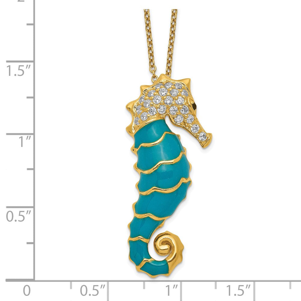 Cheryl M Sterling Silver Gold-plated Enameled Brilliant-cut Black and White CZ Seahorse 18 Inch Necklace 18 Inches
