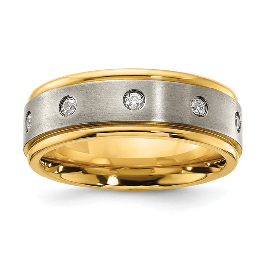 Titanium Polished w/Brushed Center Yellow IP-plated CZ 8.00mm Band Size - 8