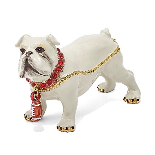 Luxury Giftware by Jere Pewter Bejeweled Crystals Gold-tone Enameled BUTCH Bulldog w/Football Trinket Box with Matching 18 Inch Necklace QBJ2035