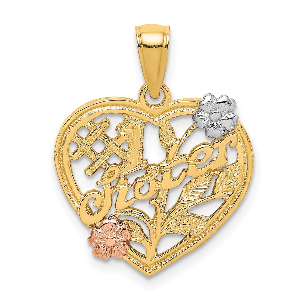 14k Two-tone White Rhodium SISTER On Heart w/ Flowers Charm
