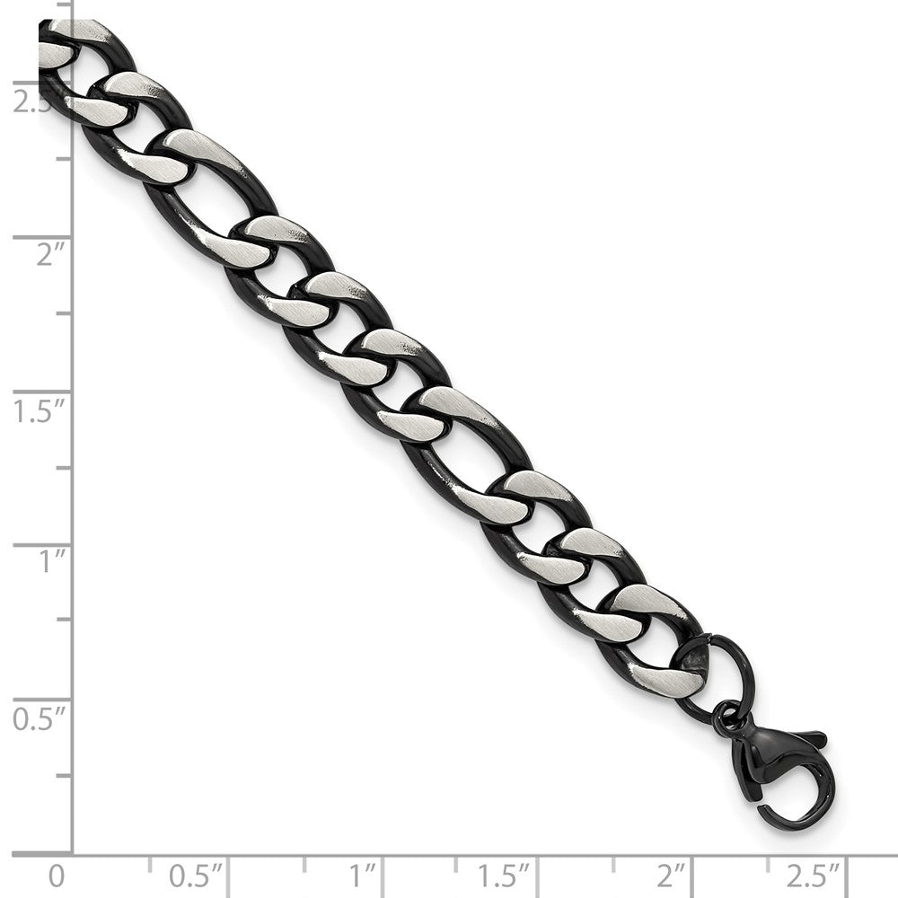 Chisel Stainless Steel Brushed and Polished Black IP-plated 7.5mm 9 inch Figaro Chain Bracelet 9 inches