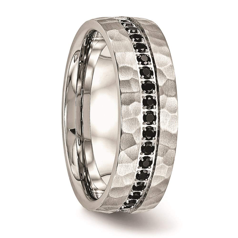Stainless Steel Brushed and Hammered w/Black CZ 7.5mm Band Size - 7