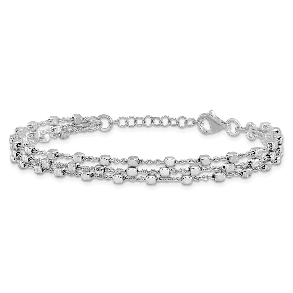 Sterling Silver Rh-plt 3 Strand Beaded 7.5in w/1in ext. Bracelet 8.5  inches