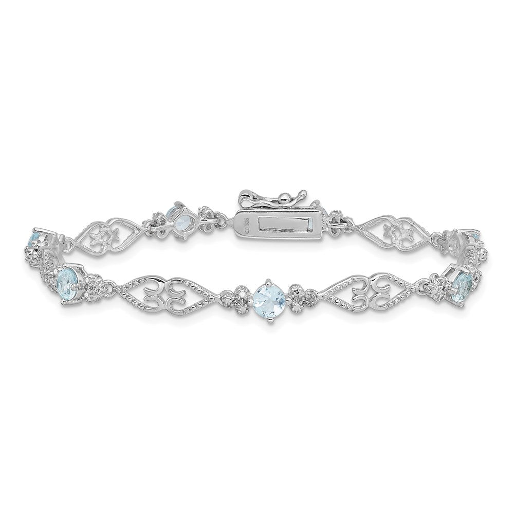 Sterling Silver Rhodium-plated Diamond Aquamarine Bracelet 7 inches