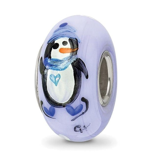 Finest Gold Sterling Silver Blue Hand Painted Penguins Fenton Glass Bead