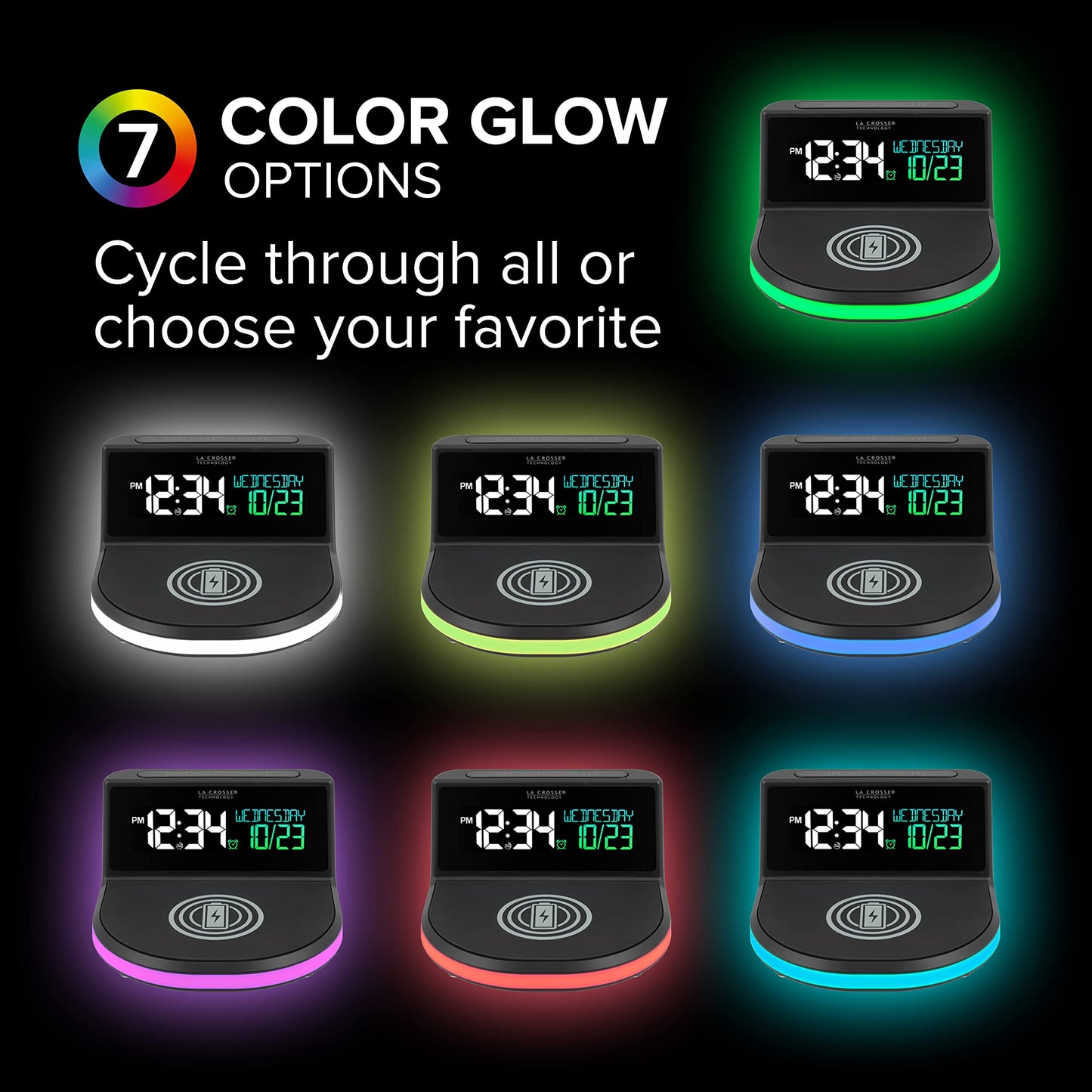 La Crosse Technology 617-148V2 Black Wireless Charging Alarm Clock with Glowing LED Base