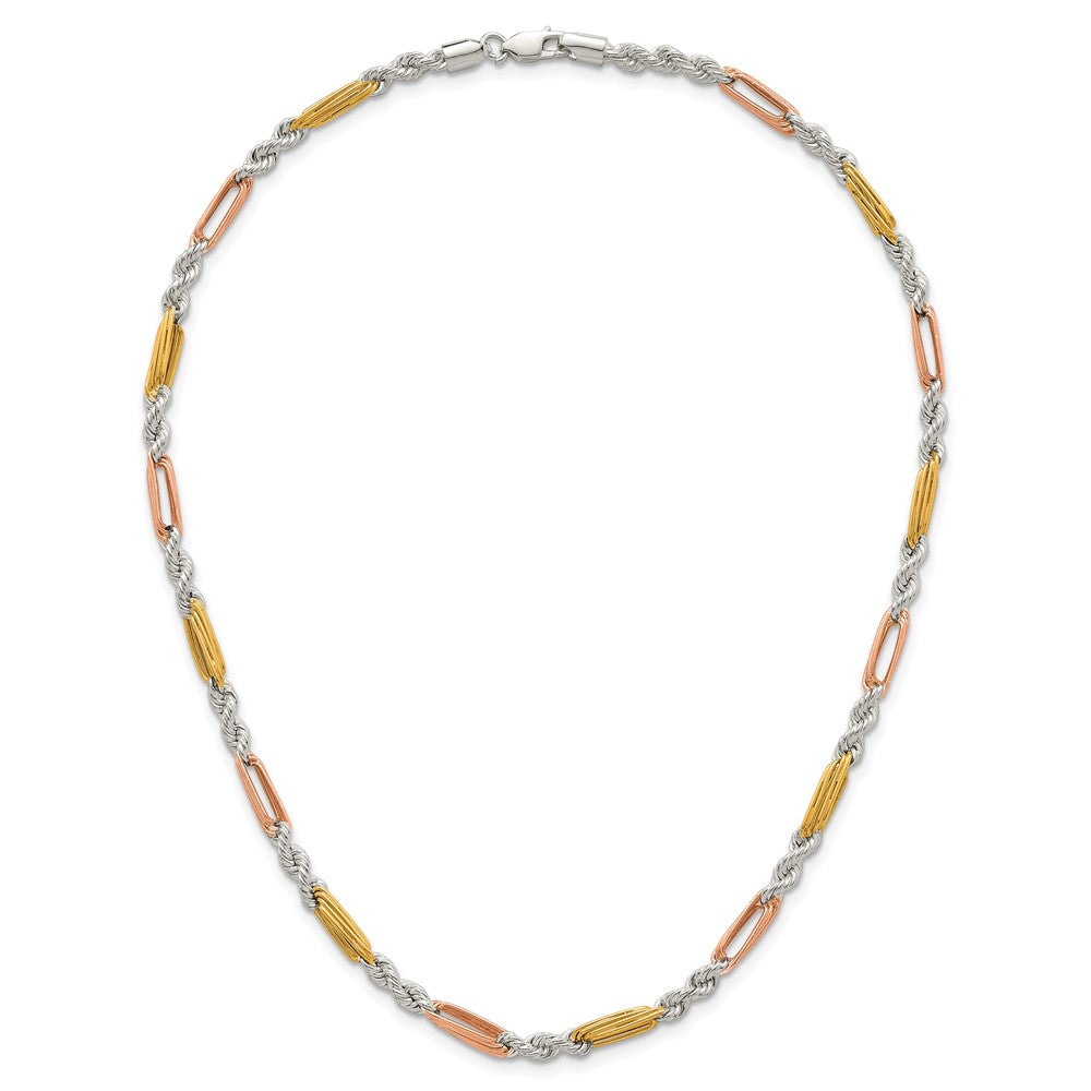 Sterling Silver Rose-tone and Gold-tone Polished 4.5mm Figaro Rope 18 Inch Necklace