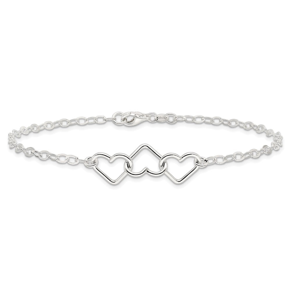 Sterling Silver 10inch Solid Polished Fancy Heart Link Anklet 10 inches