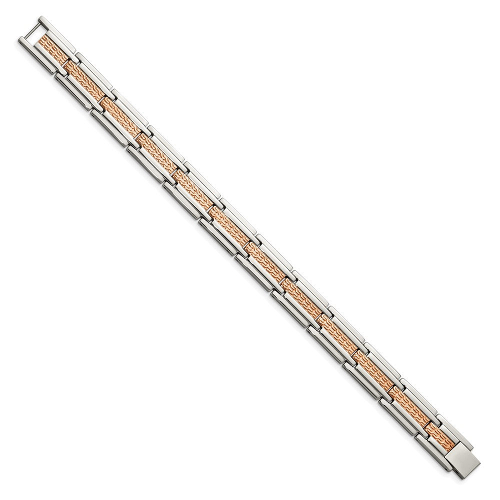 Stainless Steel Polished and Textured Rose IP-plated 8.5in Bracelet 8.5 inches