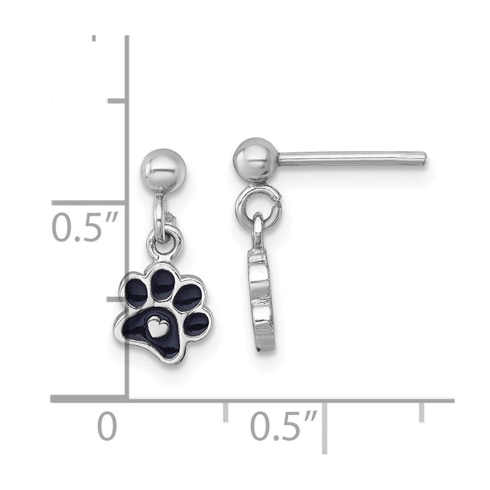 Sterling Silver Rhodium-plated Polished Black Enamel Paw Print with Heart Dangle Post Earrings