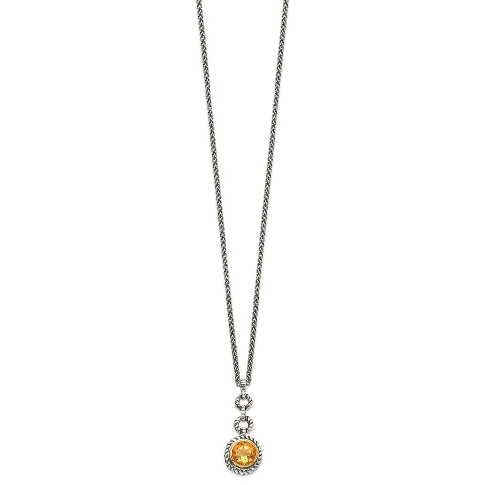 Shey Couture Sterling Silver Gold-tone Flash Gold-plated 18 Inch Antiqued Round Bezel Citrine Necklace 18 Inches