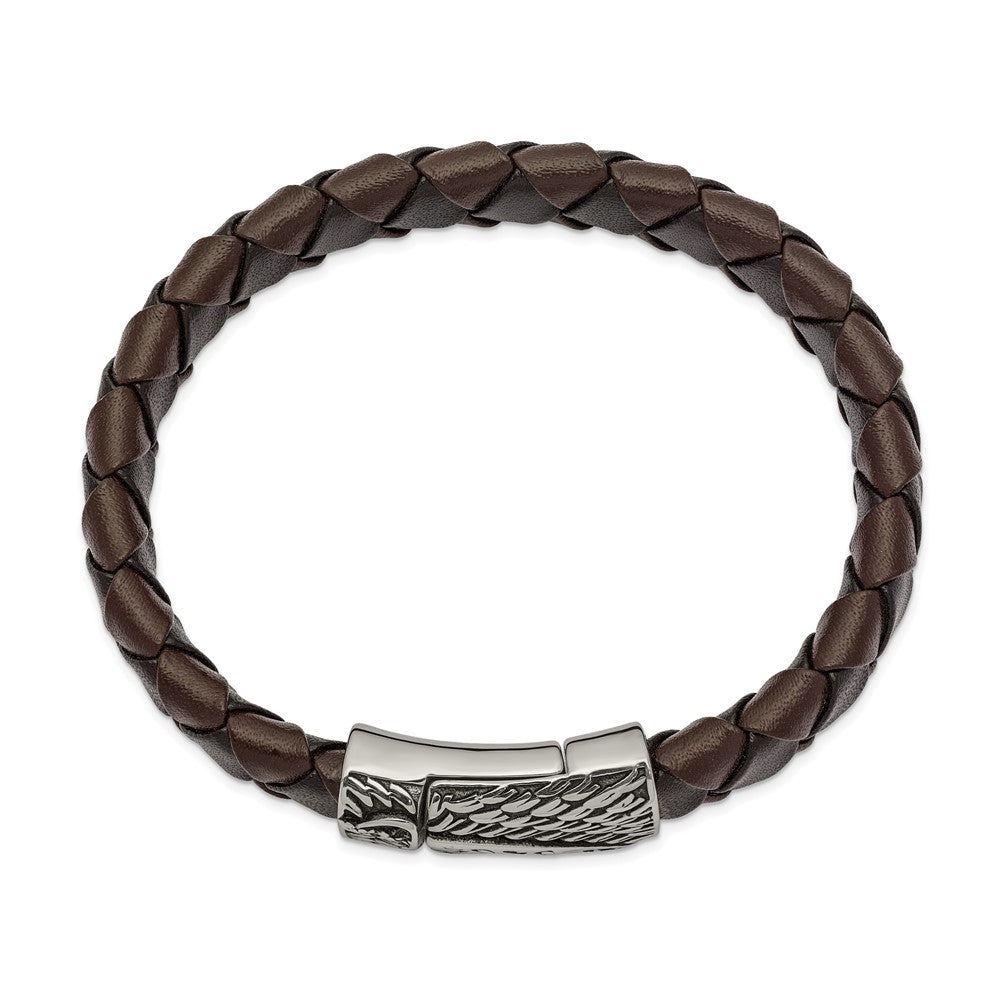 Stainless Steel Antiqued & Polished Black/Brown Leather Sword 8.5in Bracele 8.5 inches