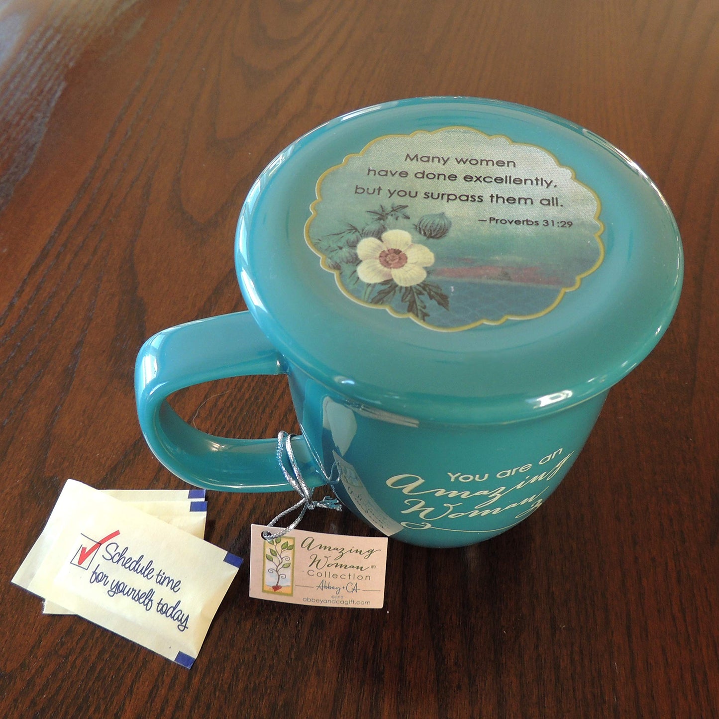 Cathedral Art-DBA Abbey Gift 096822 Mug Grace Outpoured Amazing Woman Interior with Coaster Lid, Teal & Cream