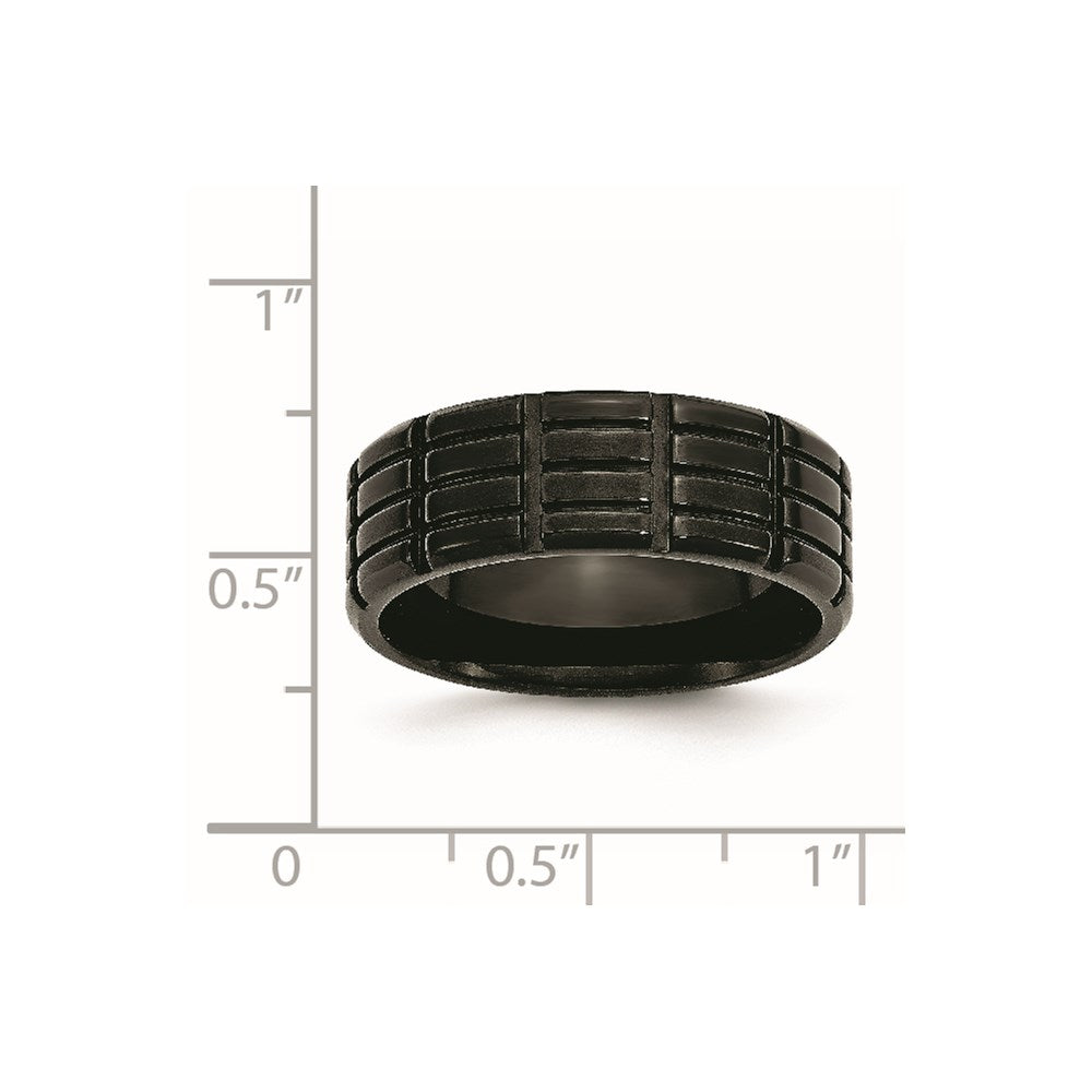 Stainless Steel Brushed Black IP-plated 8mm Grooved Band Size - 12.5