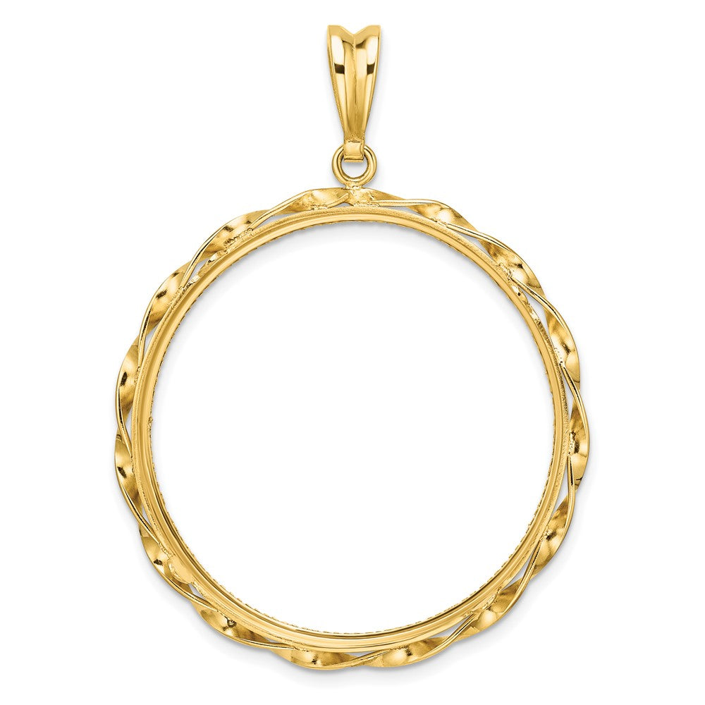 Wideband Distinguished Coin Jewelry 14k Polished Hand Twisted Ribbon and Diamond-cut 32.7mm Prong Coin Bezel Pendant