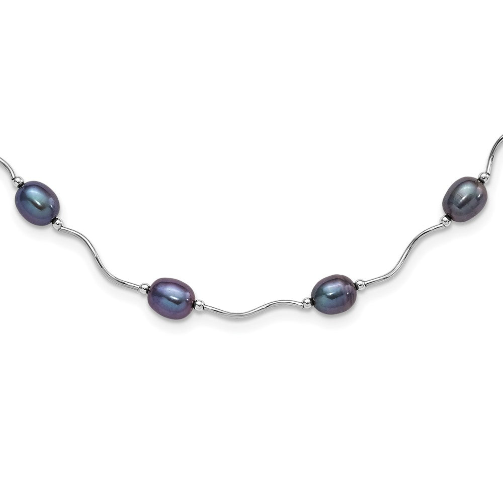 Sterling Silver Rhodium-plated 6-7mm Black Rice Freshwater Cultured Pearl 16-Station 18 inch Necklace 18 Inches