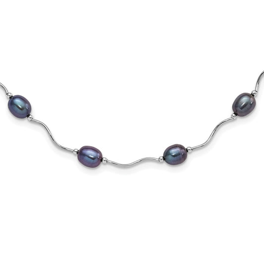 Sterling Silver Rhodium-plated 6-7mm Black Rice Freshwater Cultured Pearl 16-Station 18 inch Necklace 18 Inches