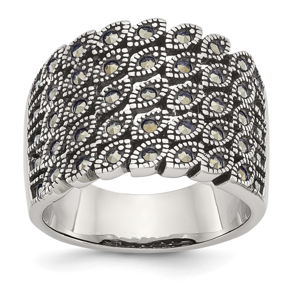 Stainless Steel Antiqued and Polished Marcasite Ring Size - 6