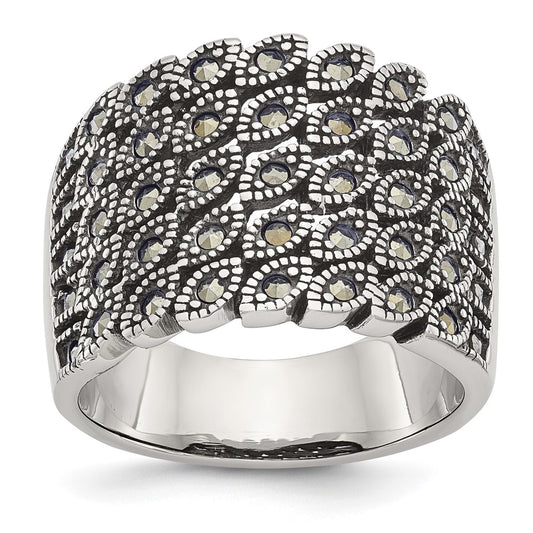 Stainless Steel Antiqued and Polished Marcasite Ring Size - 6