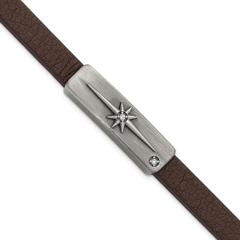 Stainless Steel Antiqued Bronze-plated w/CZ Starburst Leather Bracelet 8 inches
