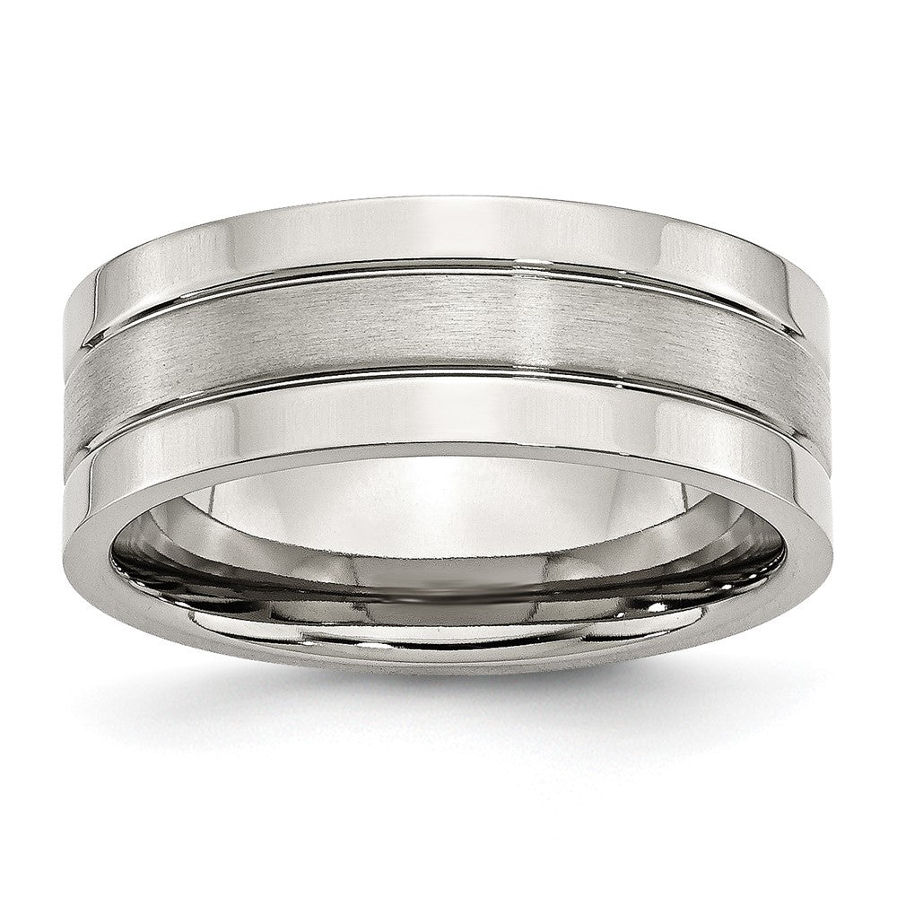 Stainless Steel Polished w/Satin Center 8mm Grooved Band Size - 10.5