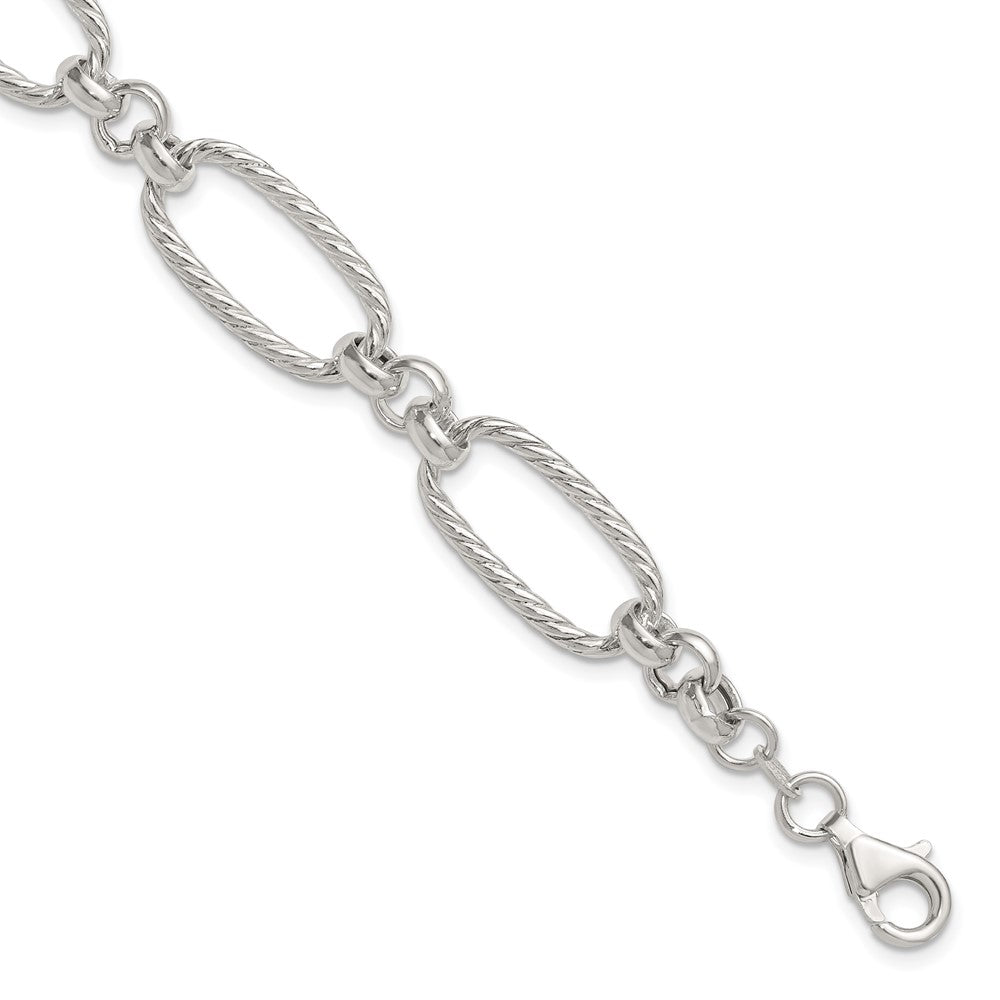 Sterling Silver Polished and Twisted Fancy Oval Link 7.5 inch Bracelet