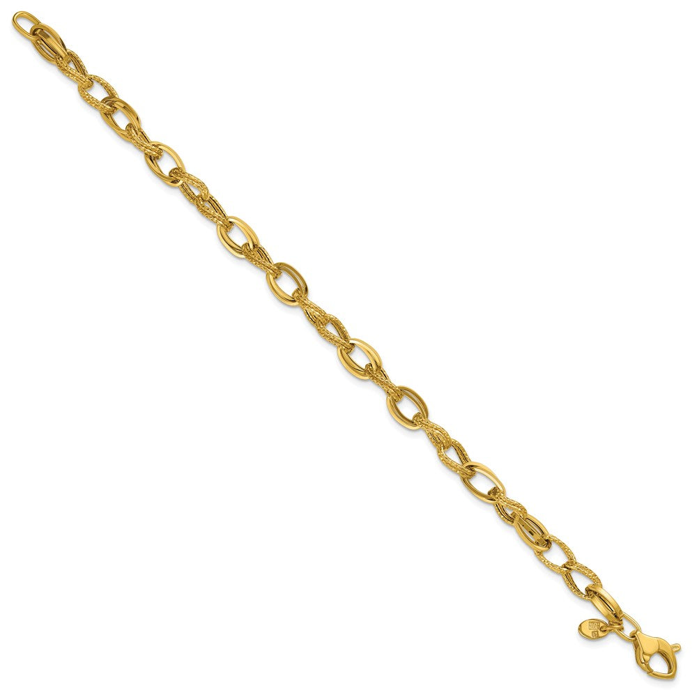 14K Polished and Textured Fancy Oval Link Bracelet 7.5  inches