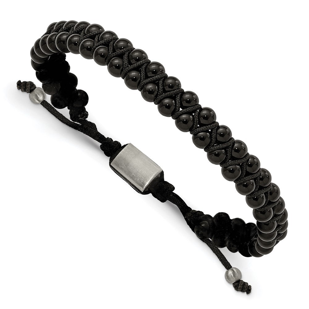 Stainless Steel Brushed Black Agate Adjustable Bracelet 9.5 inches