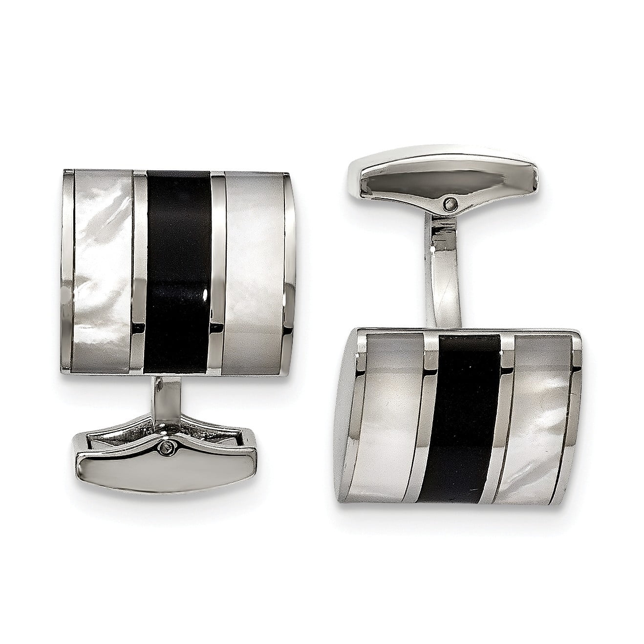 Stainless Steel Polished Black Semi-Precious Stone MOP Cuff Links