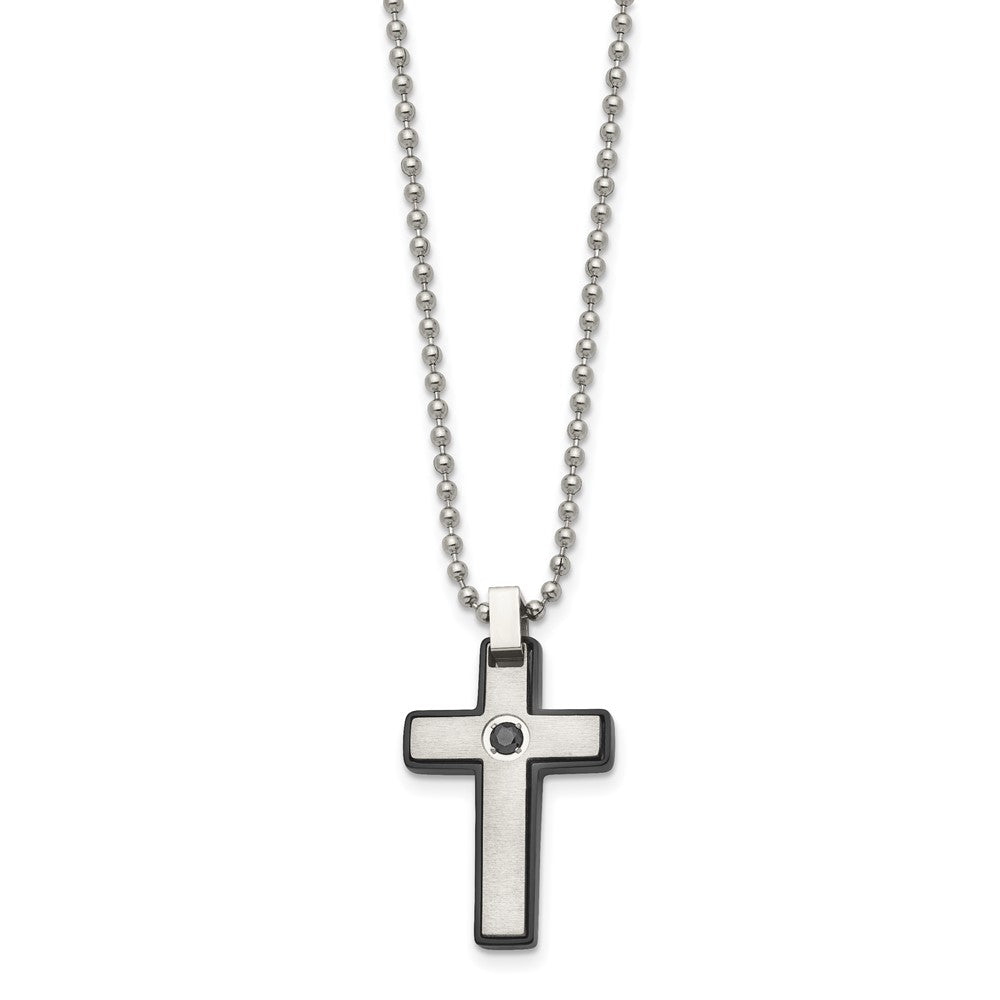 Stainless Steel Brushed and Polished Black IP CZ Black Cross Necklace