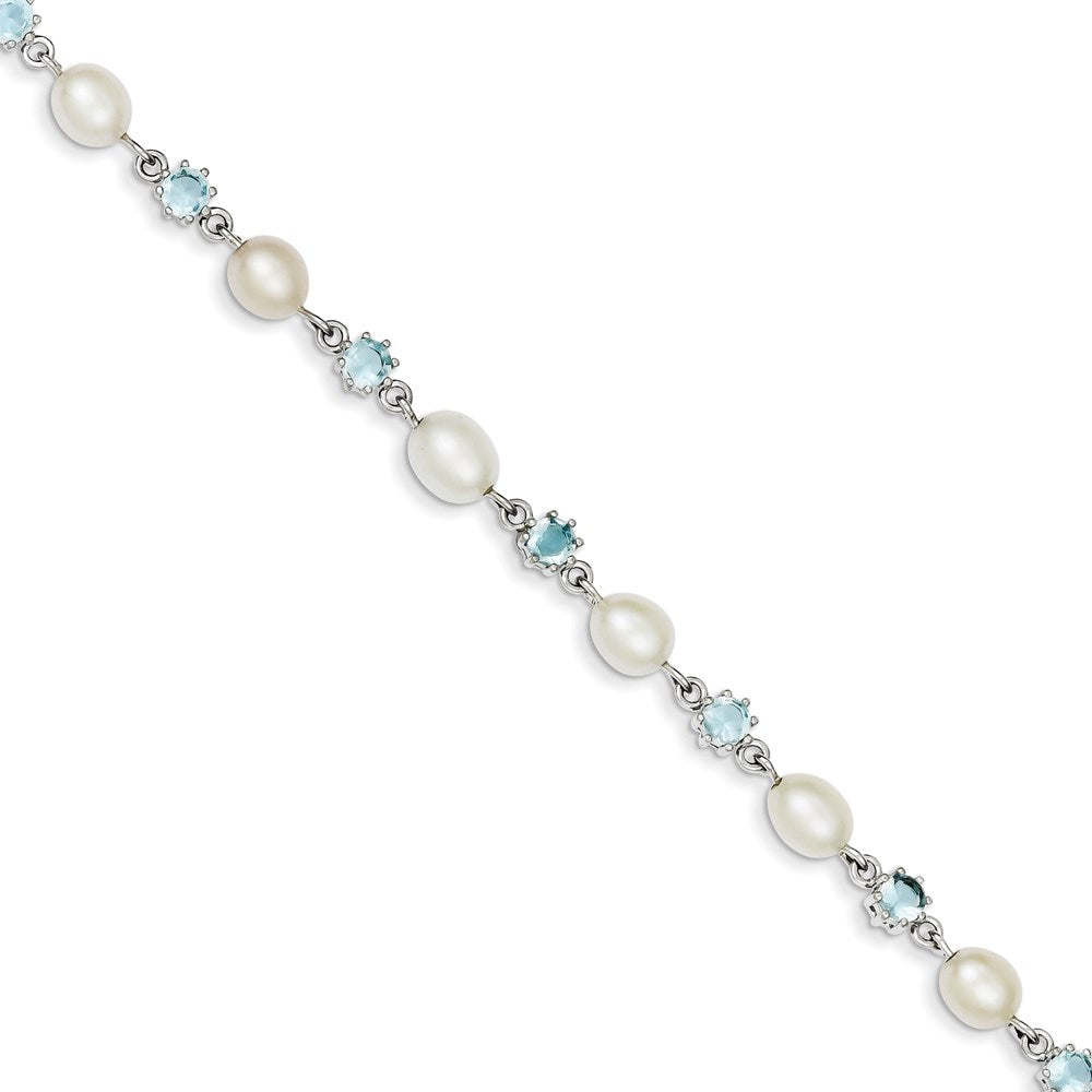 Sterling Silver Rhodium Blue CZ FW Cultured Pearl Bracelet 7 inches