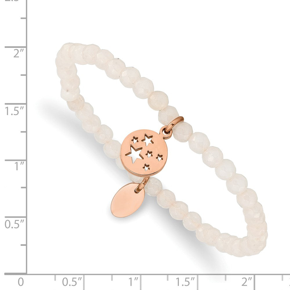 Stainless Steel Polished Rose IP Stars White Jade Beaded Stretch Bracelet 6.25 inches