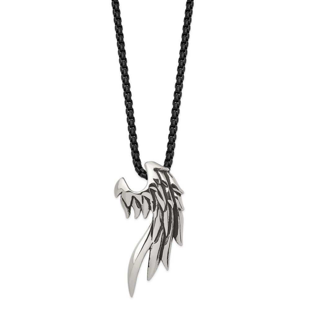 Stainless Steel Antiqued and Polished Wing Black IP-plated 20in Necklace