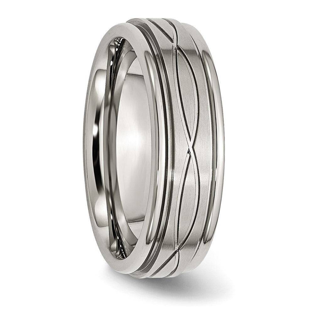 Stainless Steel Polished/Brushed Criss-cross Design 7mm Ridged Edge Band Size - 8