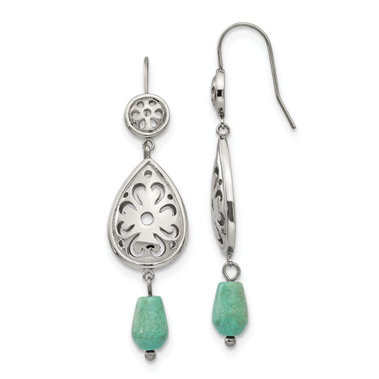 Stainless Steel Polished Imit. Turquoise Dangle Shepherd Hook Earrings
