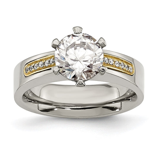 Titanium Polished with 14k Inlay Accent CZ Ring Size - 7