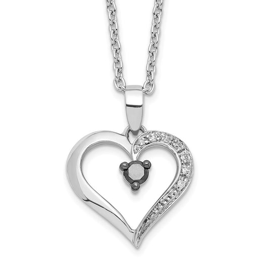 White Night Sterling Silver Rhodium-plated Black and White Diamond Heart 18 Inch Necklace with 2 Inch Extender 18 Inches