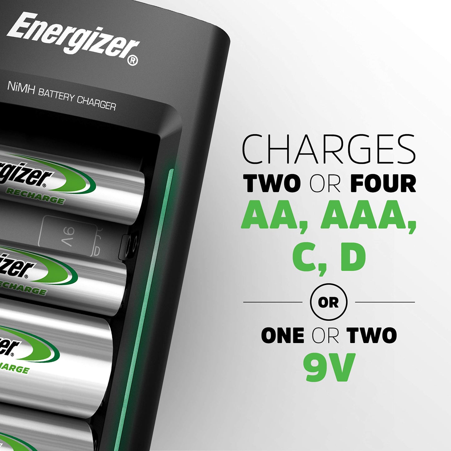 Energizer Rechargeable Battery Charger for C Cell, D Cell, AA, AAA, and 9V Rechargeable Batteries
