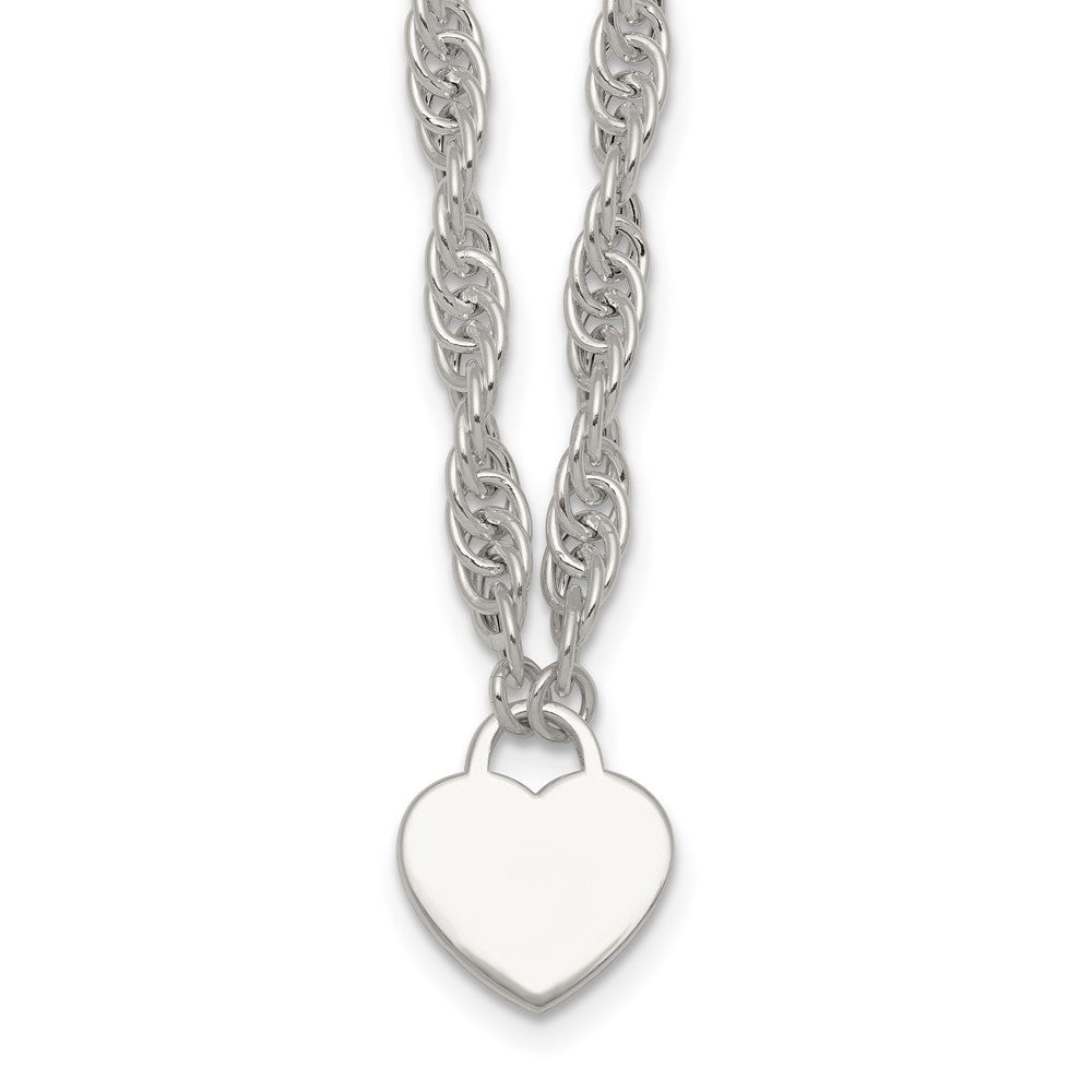 Sterling Silver Polished Fancy Engravable Heart Disc on Rope Chain 16 Inch with 2 Inch Extension Necklace 16 Inches