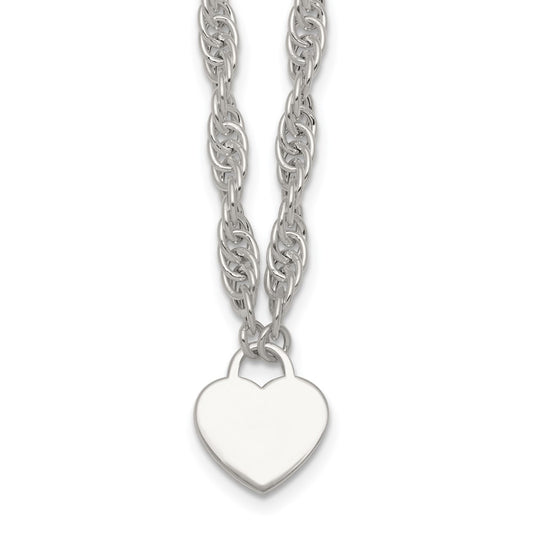 Sterling Silver Polished Fancy Engravable Heart Disc on Rope Chain 16 Inch with 2 Inch Extension Necklace 16 Inches