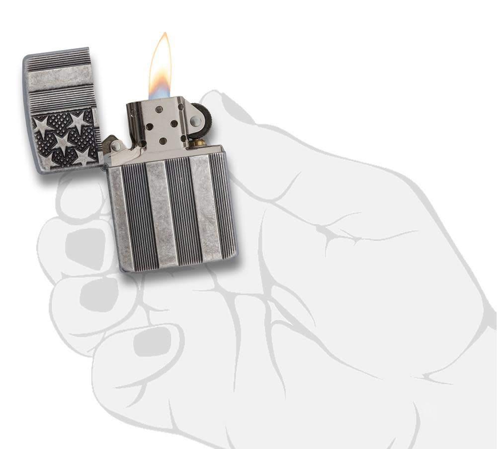 Zippo Armor Antique Silver Plate American Flag Pocket Lighter