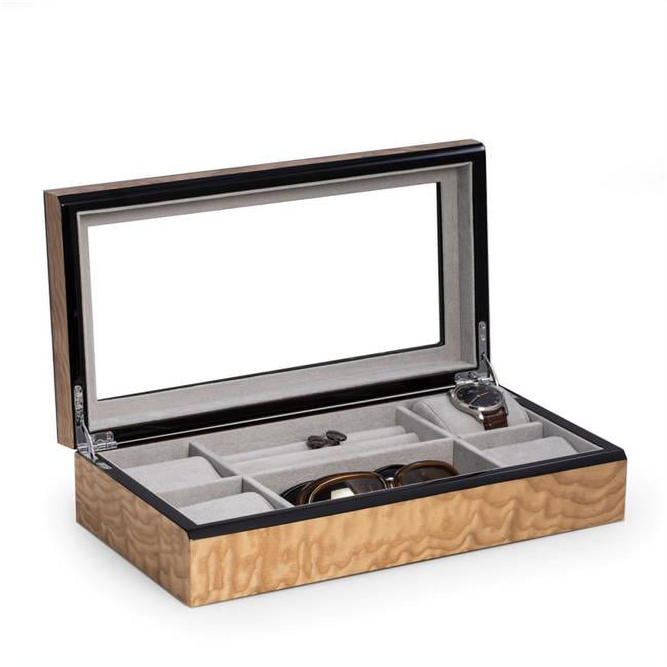 Bey-Berk International BB691BRL Lacquered Ash Burl Wood Valet & Jewelry Box with Glass Top, Soft Velour Lining