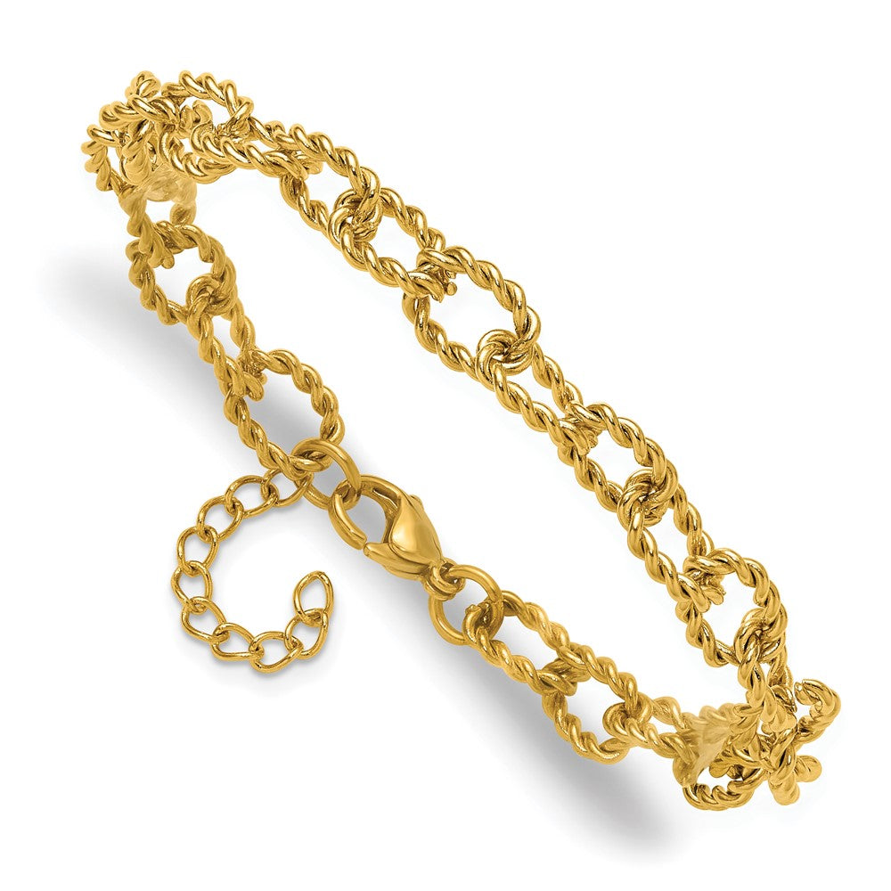 Chisel Stainless Steel Polished and Textured Yellow IP-plated Open Link 7 inch Plus a 1 inch Extension Bracelet 8 inches