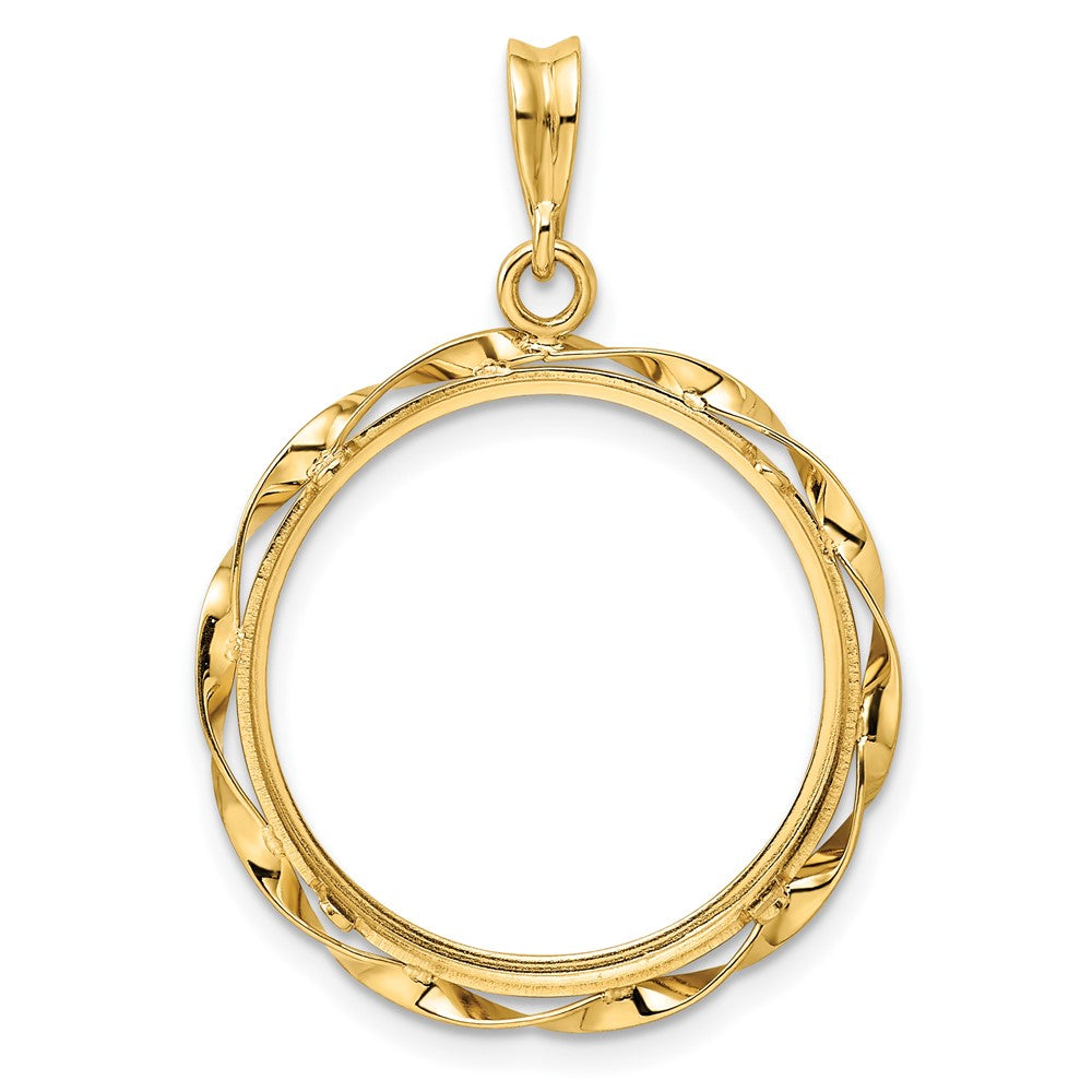 Wideband Distinguished Coin Jewelry 14k Polished Hand Twisted Ribbon 21.6mm Prong Coin Bezel Pendant