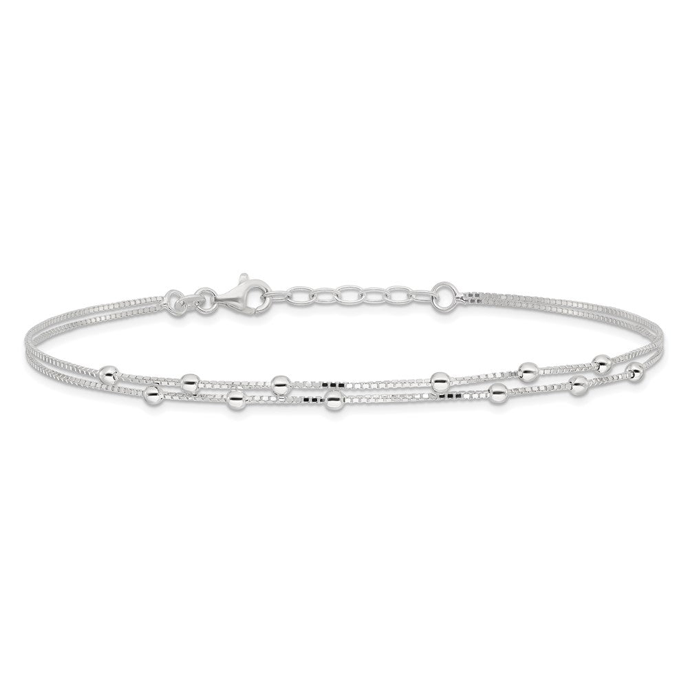 Sterling Silver Polished Beaded 2-strand 9 inch Plus 1 inch ext. Anklet 9 inches